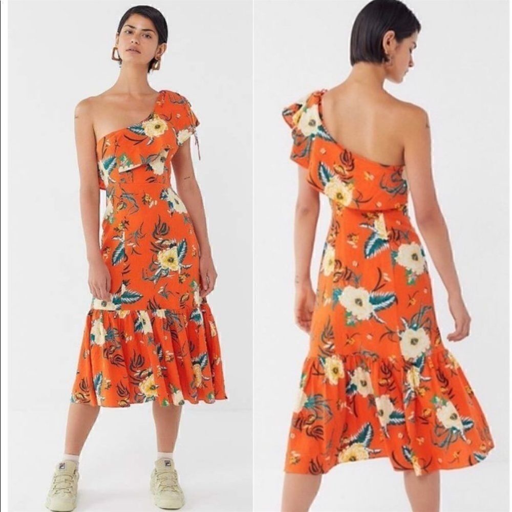 Urban Outfitters Carmen Orange Floral One-Shoulder Midi Dress Size XS